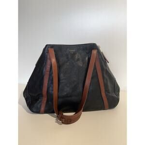 Fossil Issue No 1954 Black Leather Tote Bag Brown Straps Side Zippers Expandable